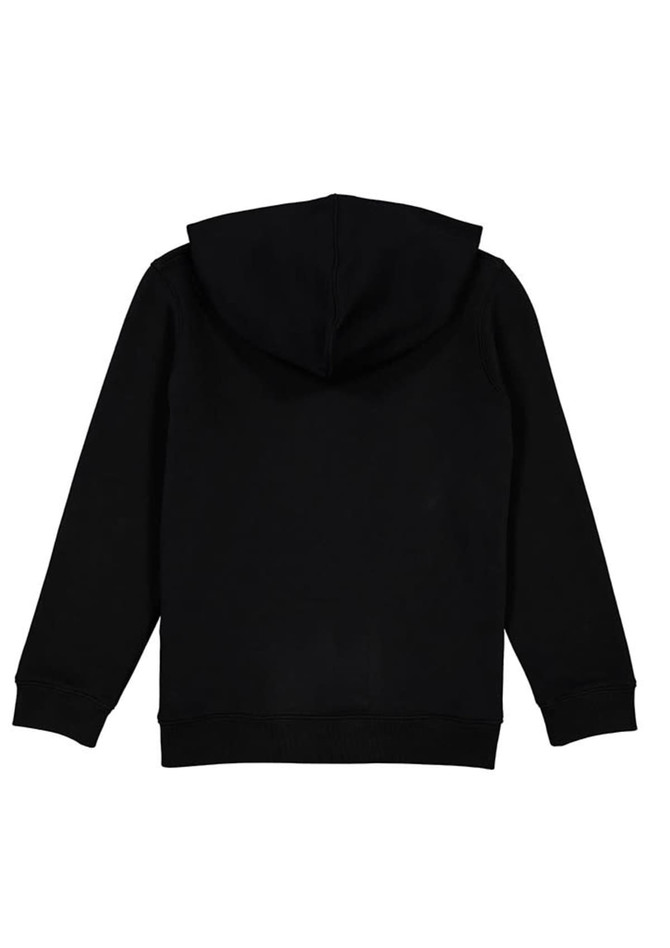 A black kids' hoodie featuring a hood and long sleeves, with ribbed cuffs and a branding logo.