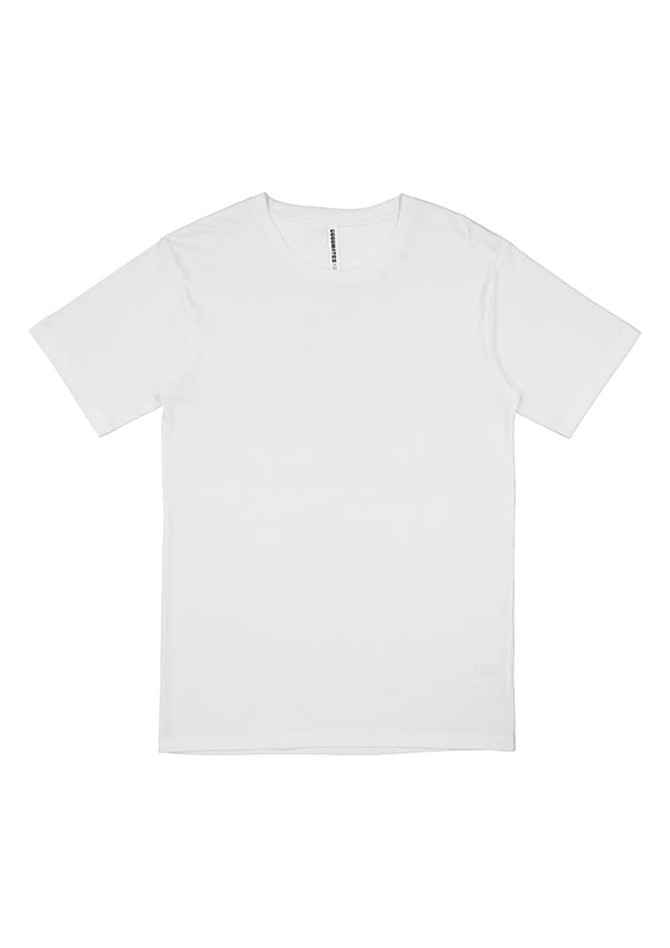 A plain white men's short sleeve tee featuring a simple design and a branding logo.