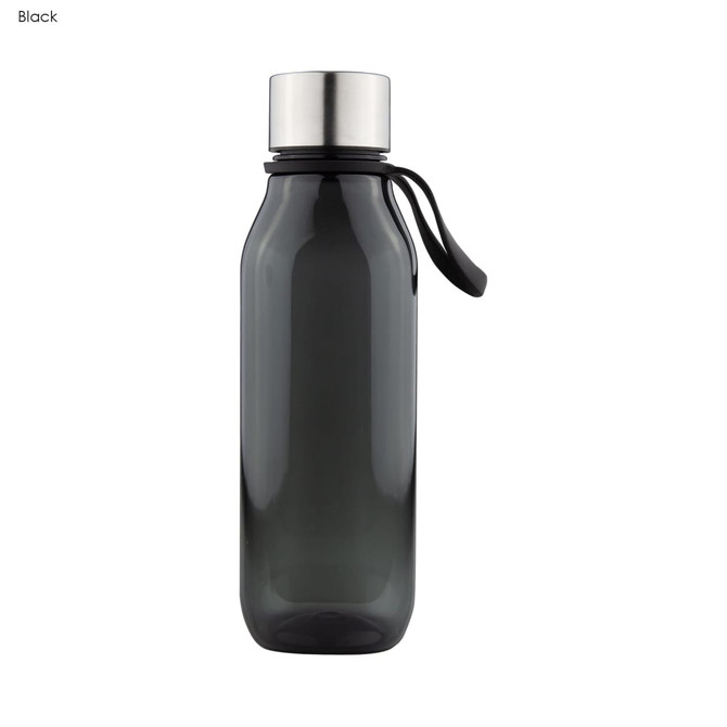 A drink bottle in black Tritan material with a silver metal lid and a black strap for easy carrying.