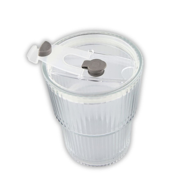 A clear glass ice coffee cup with a ribbed design and a white straw lid featuring a locking mechanism.