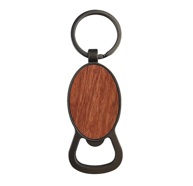 A drink bottle opener featuring a round wooden design with a black metal keyring attachment.