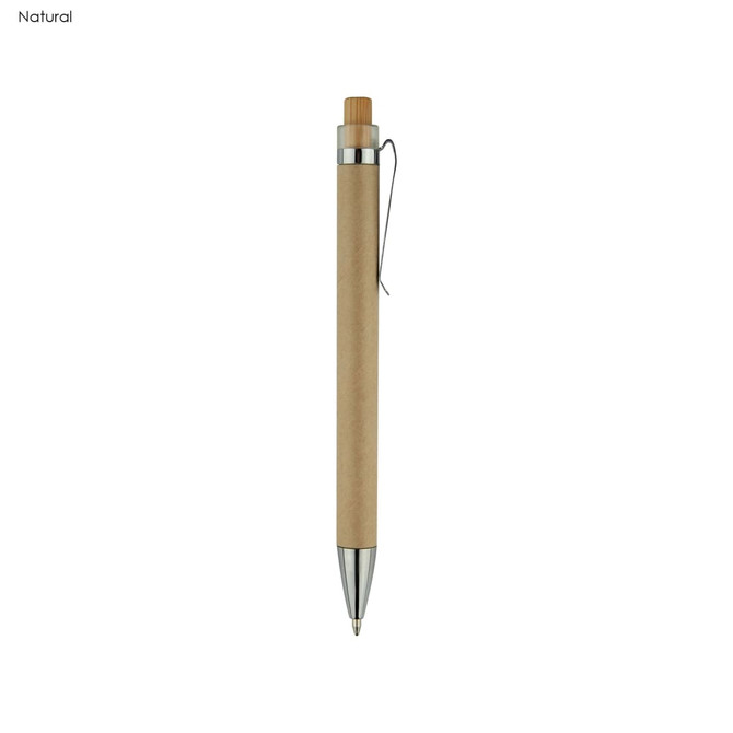 A natural recycled cardboard pen with a bamboo accent and silver clip, featuring a minimalist design.