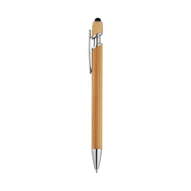 A bamboo stylus with a silver clip and tip, featuring a sleek design. It has a logo on the barrel.