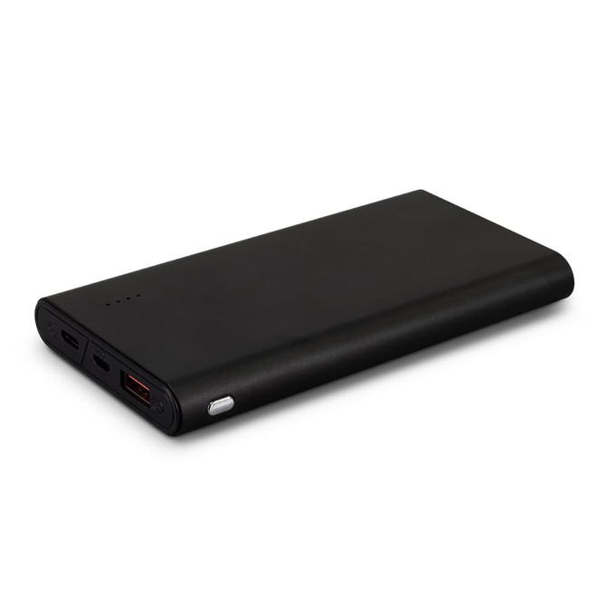A black power bank with multiple ports and a subtle logo, designed for charging devices on the go.