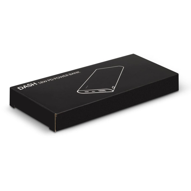 A black box containing the Dash 18W PD Power Bank, featuring a sleek design and branding on the surface.