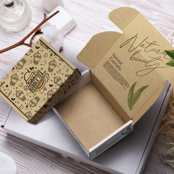 A die cut box with a locking lid, featuring a brown patterned exterior and an open interior, displaying natural beauty themes.