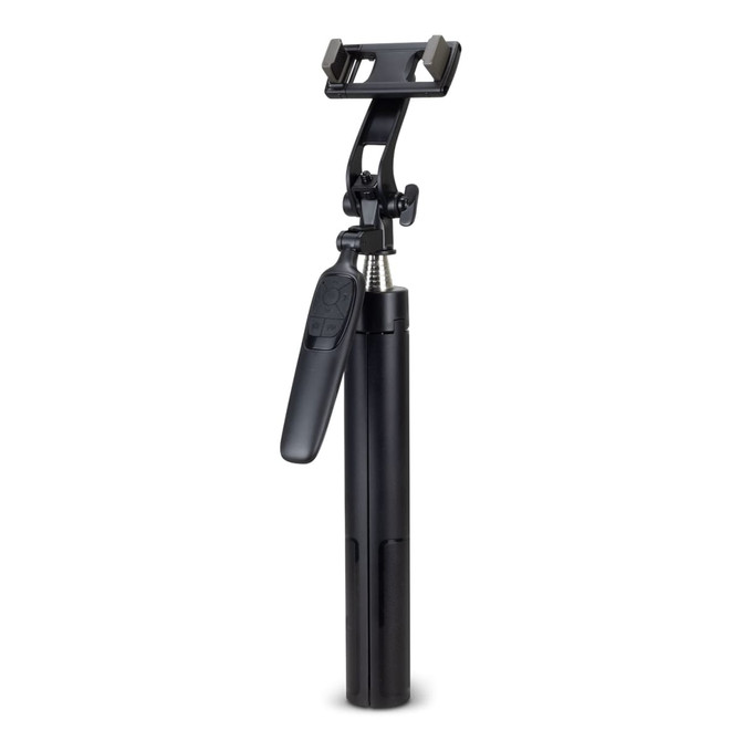 A black selfie stick tripod with a phone holder and adjustable settings for different angles.