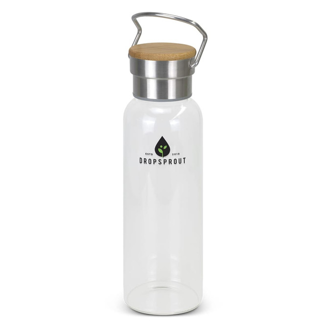 A drink bottle made of clear glass with a stainless steel lid and a wooden top, featuring a logo.
