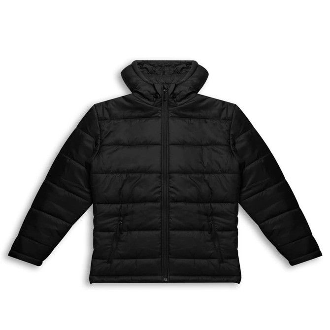 A black women's puffer jacket with a zip front and a hood, featuring a logo.