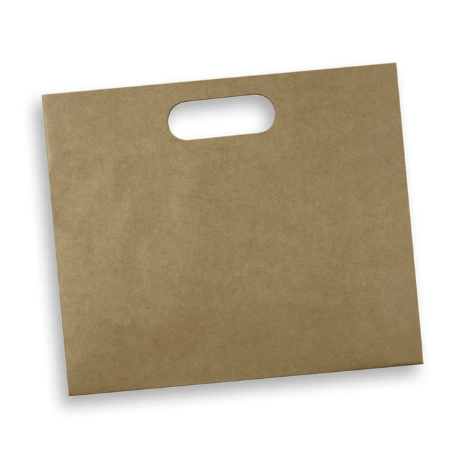 A large, brown die cut paper bag with a handle, featuring a simple, unlabelled design.