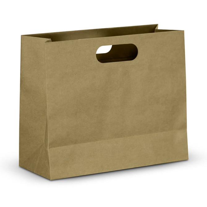 A large landscape die cut paper bag in a brown, kraft finish with a cut-out handle.