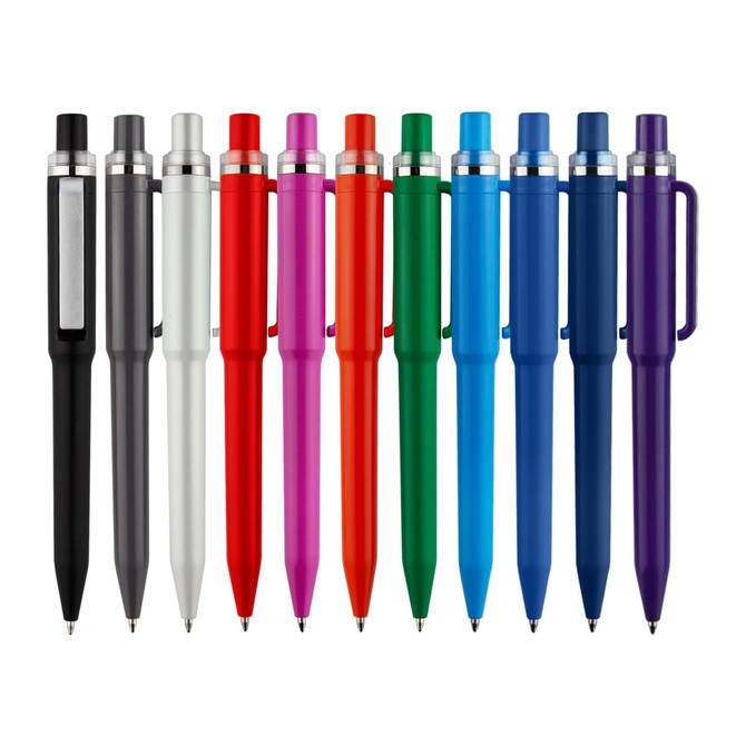 A collection of Stanley plastic pens in various colours, including black, red, blue, green, purple, and pink, with a logo.