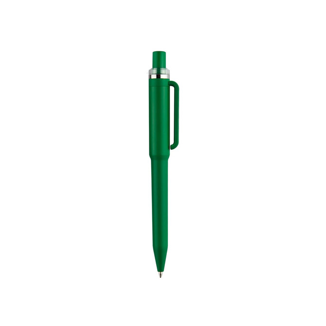 A green plastic pen with a clip and a silver tip, featuring a branding logo.