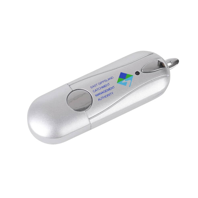 A silver flash drive with a logo, featuring a rounded design and a keyring attachment.