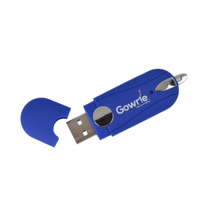 A blue flash drive with a removable cap and a logo, featuring a USB connector.