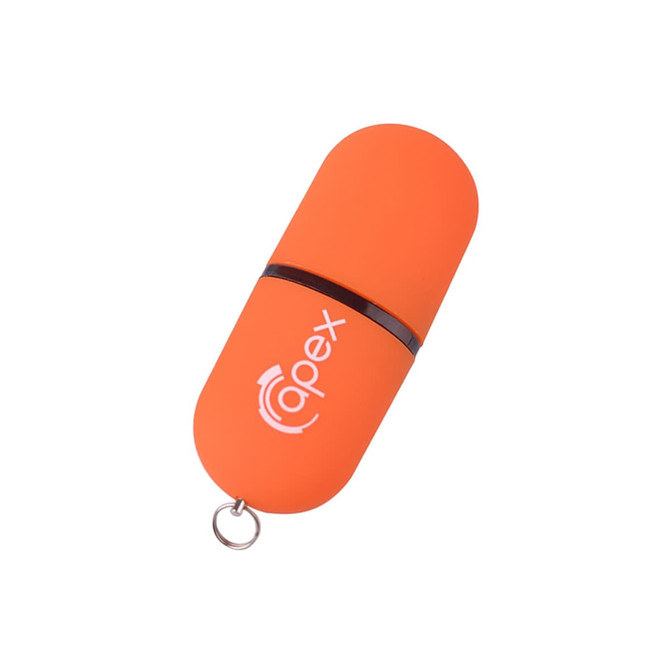 An orange flash drive in a capsule shape with a logo, featuring a keyring attachment.