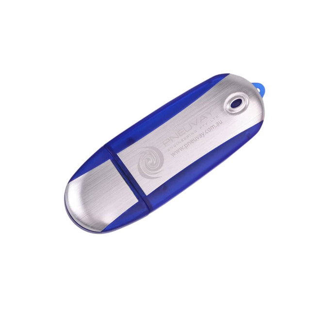 A flash drive in blue and silver, featuring a smooth metallic finish and a small branding logo.