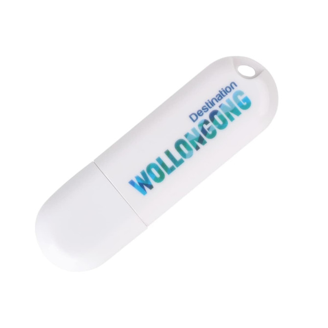 A white flash drive with a rounded cap and a logo featuring the word "Wollongong" in blue and green.