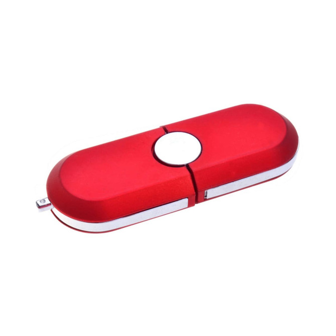 A red flash drive with a silver accent and a circular button, featuring a logo on its surface.