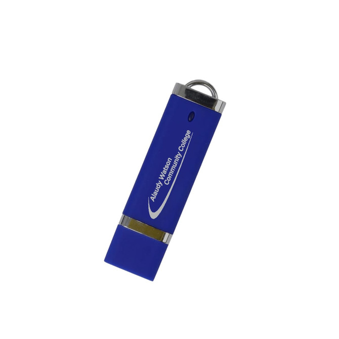 A blue flash drive with a silver cap and a logo on the side. Ideal for storage and transfer of data.