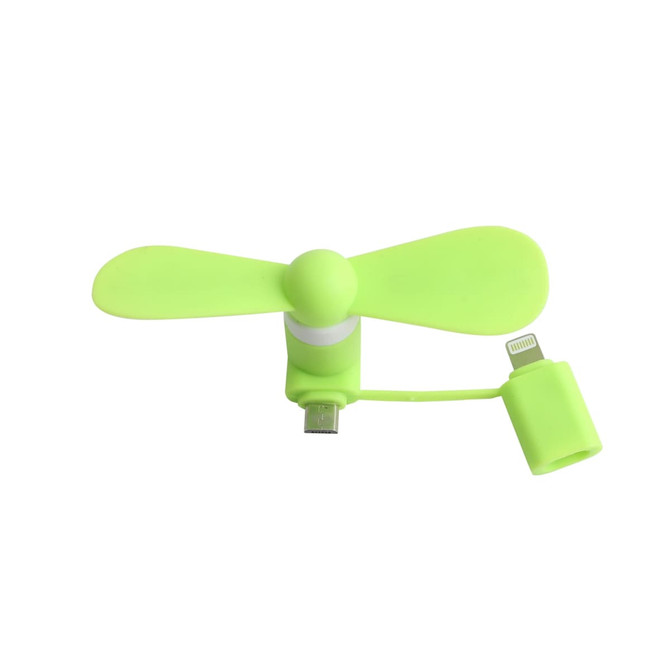 A green 2 in 1 smartphone fan with a connector for charging and use, featuring two propeller blades.