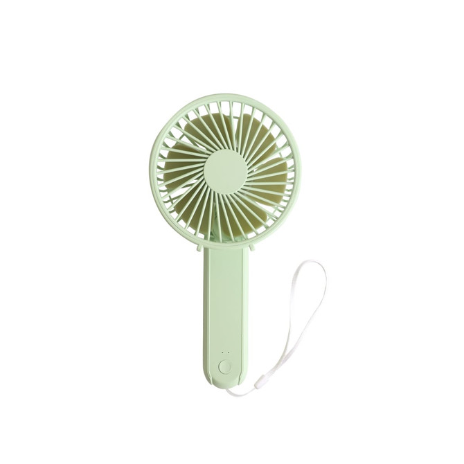 A foldable USB handy fan in pastel green, featuring a circular design and a wrist strap for portability.