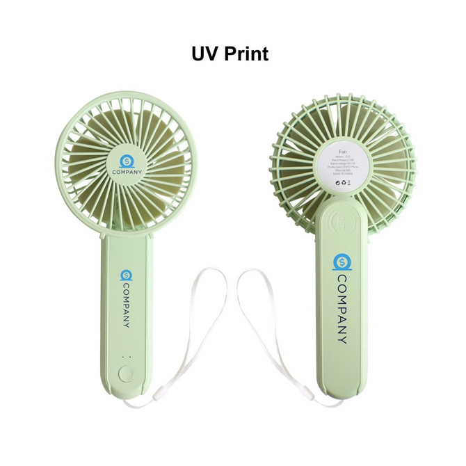 A foldable USB handy fan in light green, featuring a logo and a strap for easy carrying.