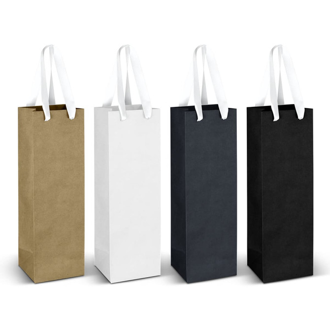 A set of four wine ribbon handle paper bags in gold, white, navy, and black, featuring white handles and a logo.