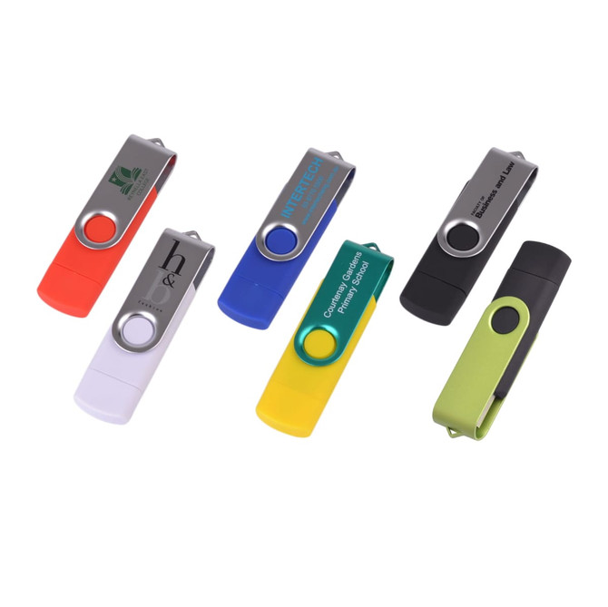 A collection of six double-end Belton Type C flash drives in colours including red, white, green, black, and yellow, featuring various logos.