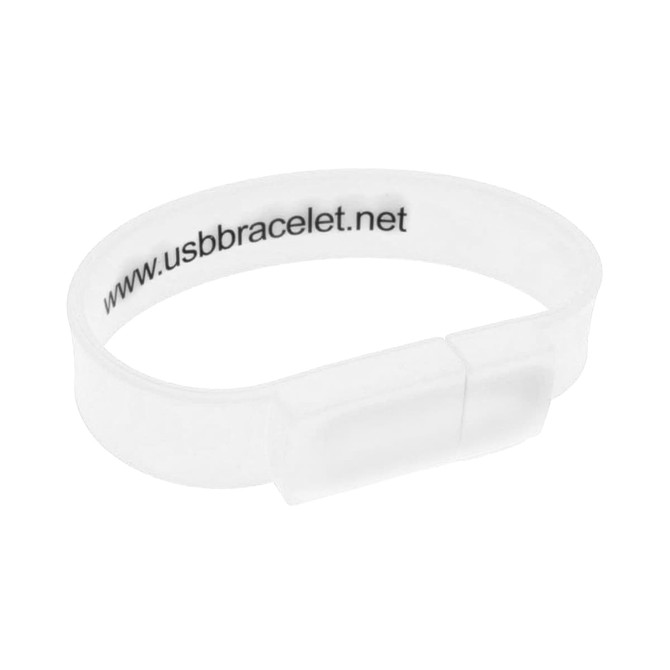 A clear rectangular silicone wristband flash drive with a clasp and a logo inside.
