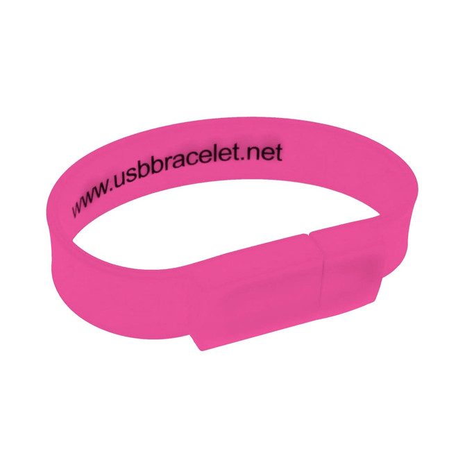 A pink rectangular silicone wristband flash drive with a logo.