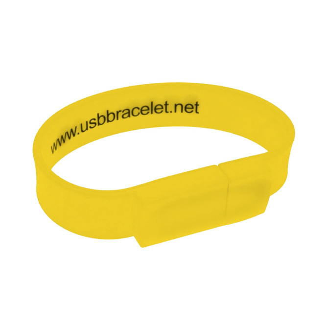 A yellow rectangular silicone wristband flash drive with a logo on the inside.