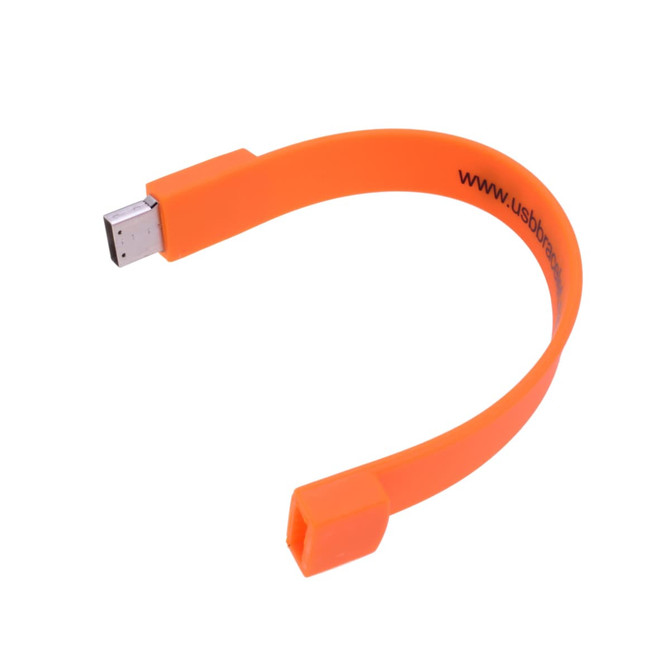 An orange rectangular silicone wristband flash drive with a USB connector and a branding logo.