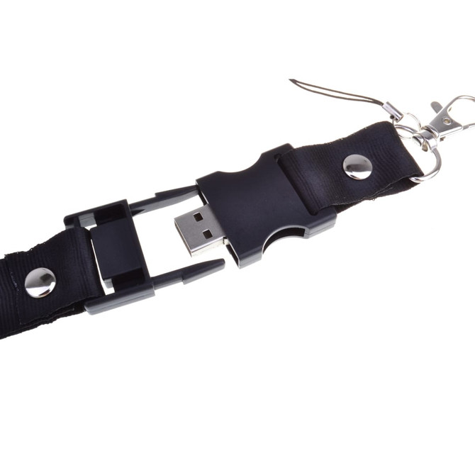 A black lanyard featuring a detachable USB flash drive with a silver attachment clip.