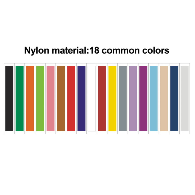 A selection of 18 nylon strips in various colours, showcasing options for a product. Each strip is a different shade.