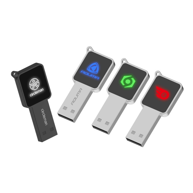 Square lighting logo flash drives in black and silver, featuring various illuminated logos on the front.