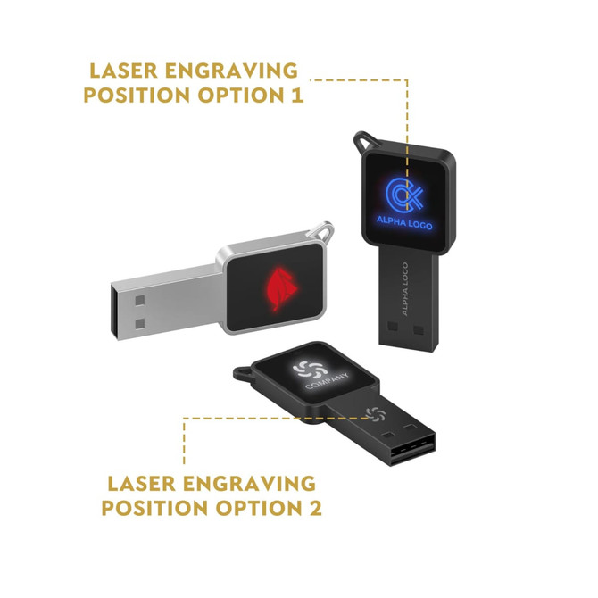 A square lighting flash drive in black and silver with a logo, featuring two laser engraving options.