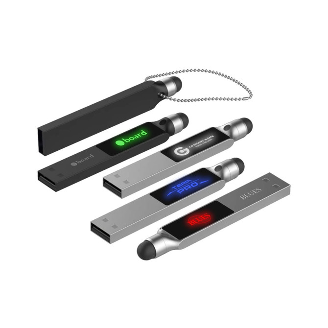 A collection of four flash drives in black and silver, featuring backlit logos and keychain attachments.