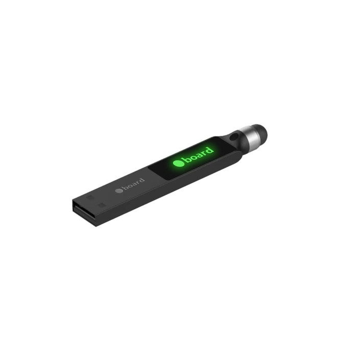 A black flash drive with a stylus tip and a backlit logo. Features a sleek design for portability.