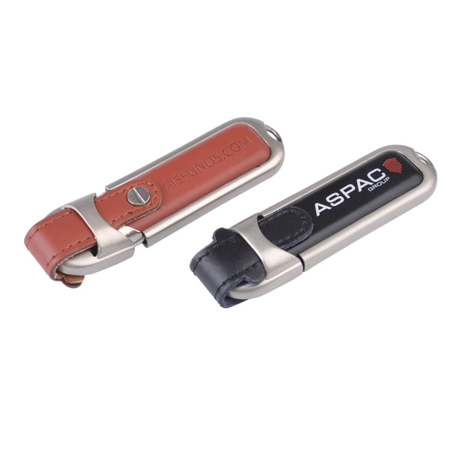 A pair of Taurus flash drives featuring a brown leather and silver design and a black leather and silver design, each with a logo.