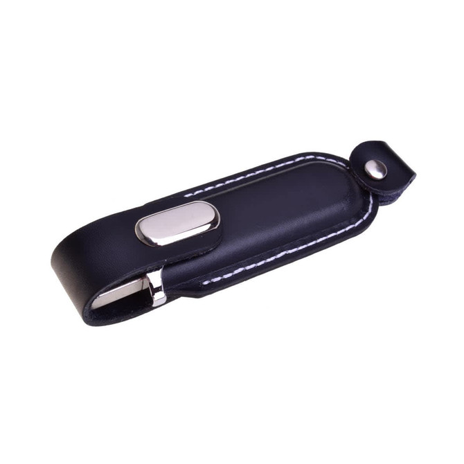 A black Venus Flash Drive with a sleek leather case and metallic accents. It features a snap closure.
