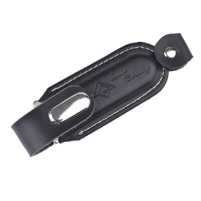 A black leather Venus Flash Drive with a metal casing and a snap closure, featuring stitching details and a logo.