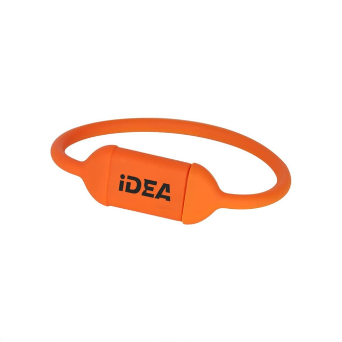 An orange round cord silicone flash drive with a logo on the surface.