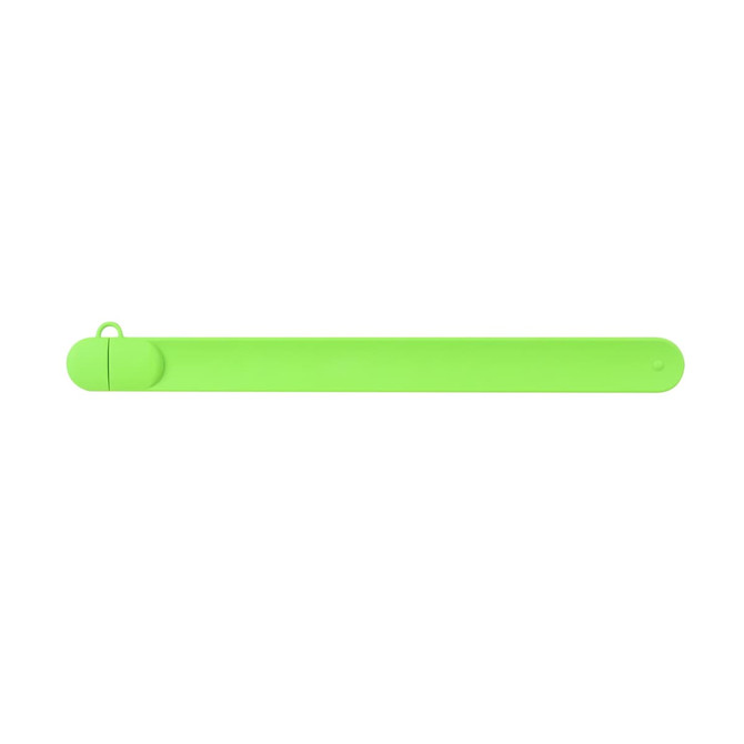 A bright green silicone slap band flash drive with a secure cap and a loop for attachment.