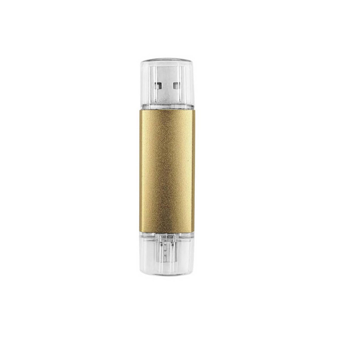 A double-end flash drive in gold and clear design, featuring two USB connectors and a sleek cylindrical shape.