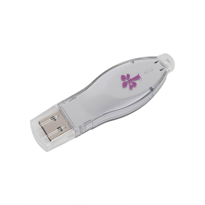 A translucent grey flash drive shaped like a bottle, featuring a pink flower design and a logo.