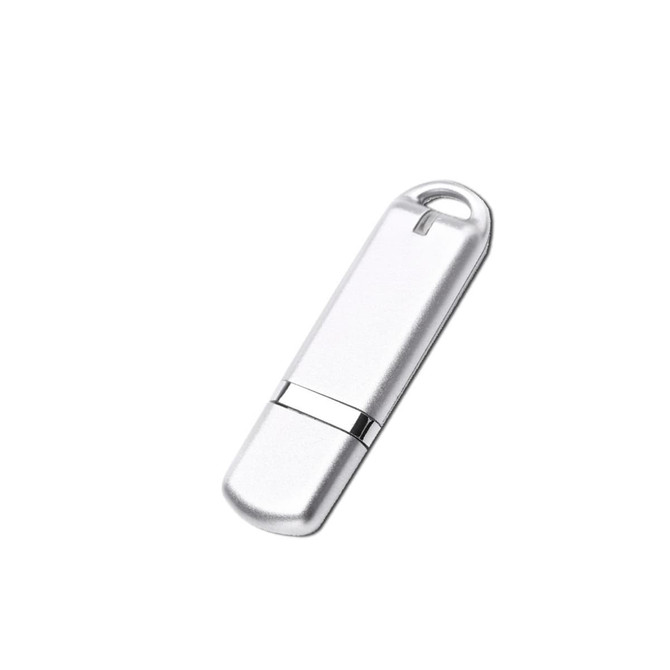 A silver flash drive with a sleek design, featuring a loop for easy attachment and a branding logo.