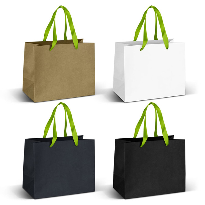 Medium ribbon handle paper bags in four colours: brown, white, black, and navy, featuring green ribbon handles.