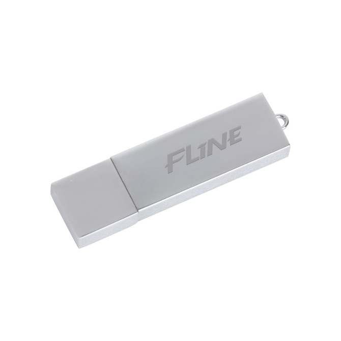 A silver flash drive with a sleek rectangular design and a branding logo on the surface.