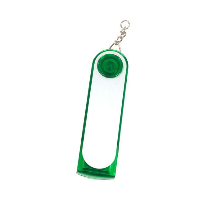 A green flash drive with a keychain attachment, featuring a smooth, glossy surface and rounded edges.
